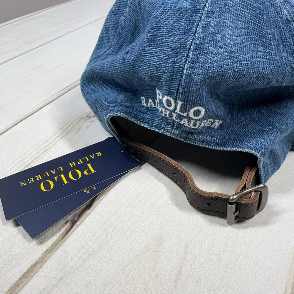 PRL Polo Bear Denim Hat Mens OS Blue Leather Strap Cap NEW Polo Ralph Lauren - Picture 6 of 15